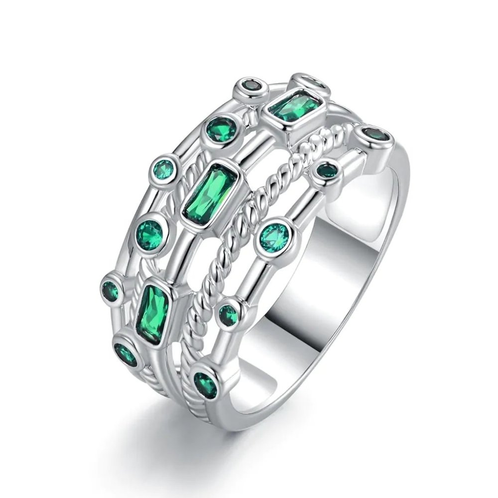💍925 STERLING SILVER GREEN ROUND RECTANGLE CZ DOUBLE LAYER DAINTY RING, L408 - Picture 4 of 4
